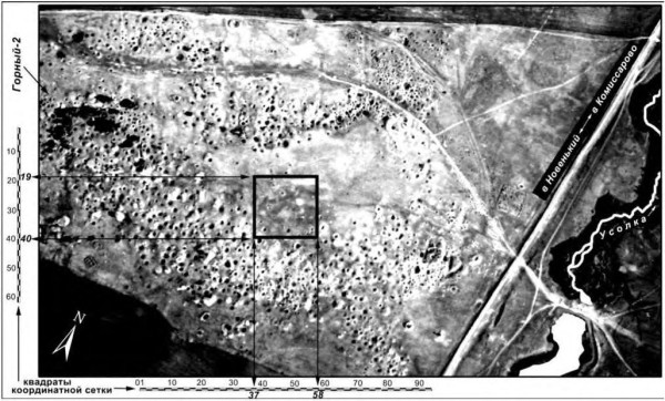 Рис. 2. Аэрофотоснимок площадки селища Горный, окруженного следами древних шахт. Рис. 2. Аэрофотоснимок площадки селища Горный, окруженного следами древних шахт.