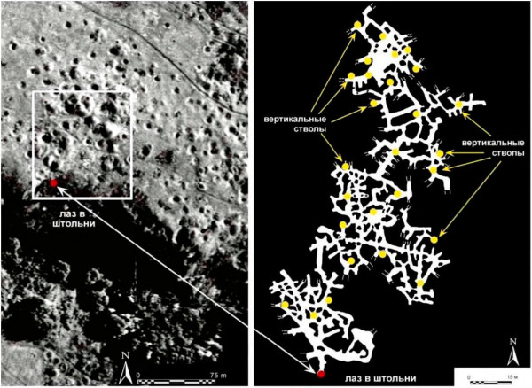Рис. 3. 1. Аэрофотоснимок небольшого участка горных разработок Каргалов; прямоугольник, очерченный белыми линиями, ограничивает участок в 1 гектар; 2. «Лабиринт» подземных выработок в пределах оконтуренного участка — общая длина проходок здесь достигает 1,5 км. Рис. 3. 1. Аэрофотоснимок небольшого участка горных разработок Каргалов; прямоугольник, очерченный белыми линиями, ограничивает участок в 1 гектар; 2. «Лабиринт» подземных выработок в пределах оконтуренного участка — общая длина проходок здесь достигает 1,5 км.
