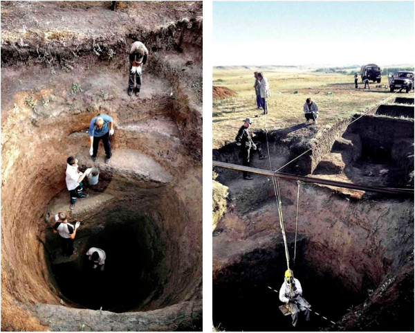 Рис. 7. Селище Горный. 1. Расчистка древней (II тыс. до н.э.) засыпанной шахты; 2. Спуск в расчищенную шахту; ее глубина достигала 12 м. Рис. 7. Селище Горный. 1. Расчистка древней (II тыс. до н.э.) засыпанной шахты; 2. Спуск в расчищенную шахту; ее глубина достигала 12 м.